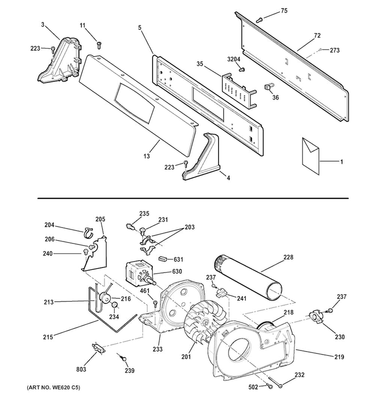 Backsplash, Blower & Motor Assembly Diagram and Parts List for DNCD450EGCWC  General Electric Dryer