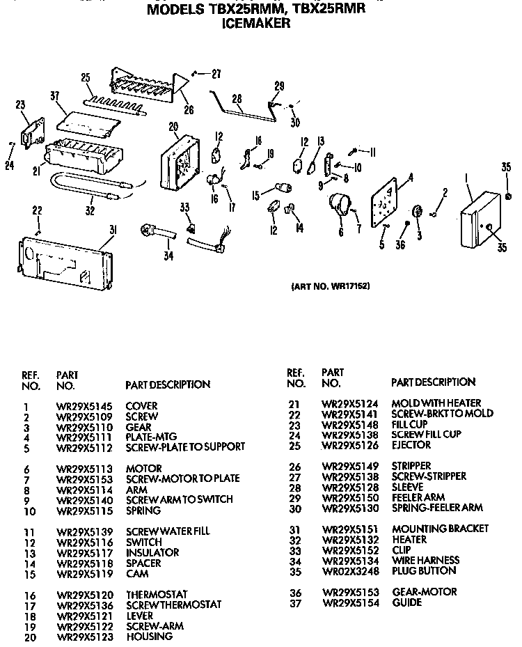 Icemaker Diagram and Parts List for TBX25RMMWHD  General Electric Refrigerator