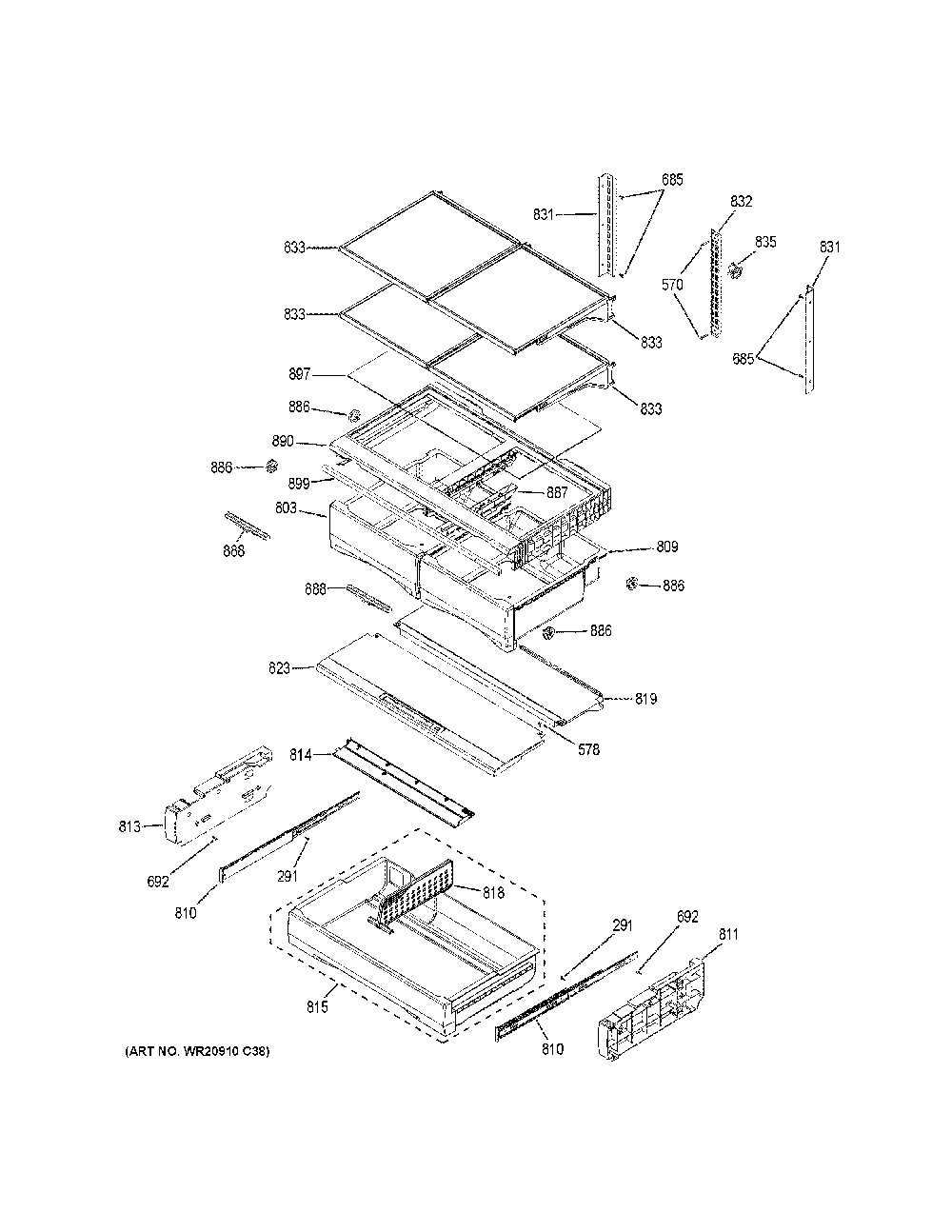 Fresh Food Shelves Diagram and Parts List for GFD28GELLDS  General Electric Refrigerator