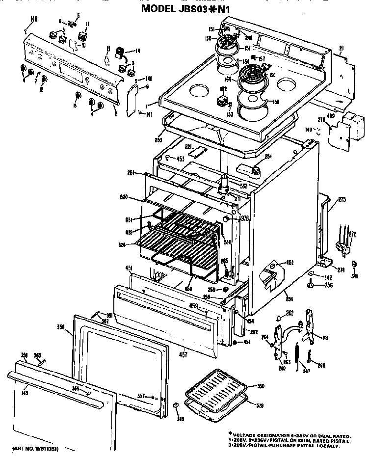 Main Body/cooktop/controls Diagram and Parts List for JBS03N1  General Electric Range