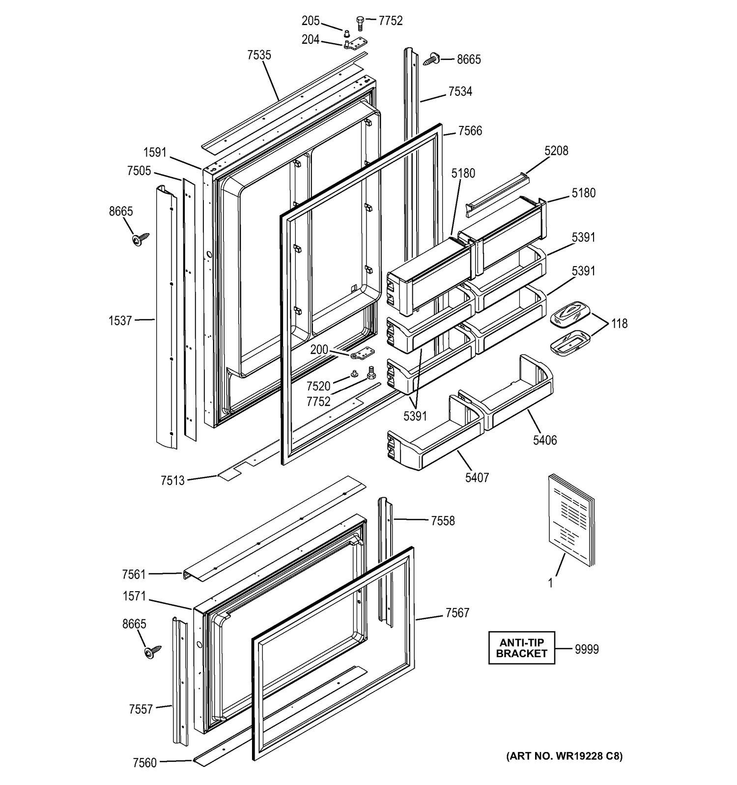 DOORS Diagram and Parts List for ZIC360NXDRH  General Electric Refrigerator