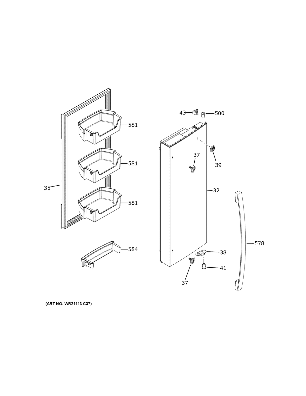Fresh Food Door - Rh Diagram and Parts List for GFE26JGMYFWW  General Electric Refrigerator