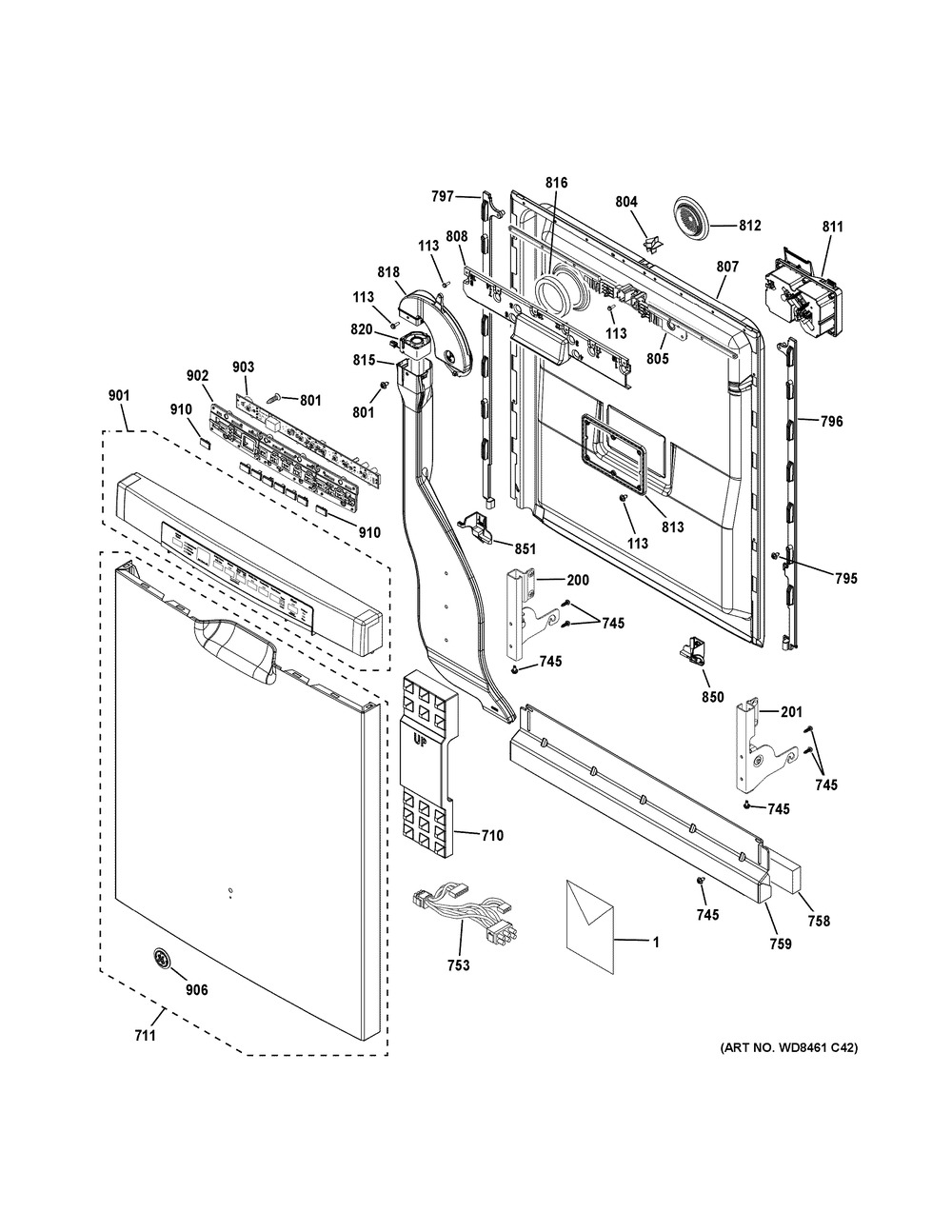 Escutcheon & Door Assembly Diagram and Parts List for GDF650SGJ4BB  General Electric Dishwasher