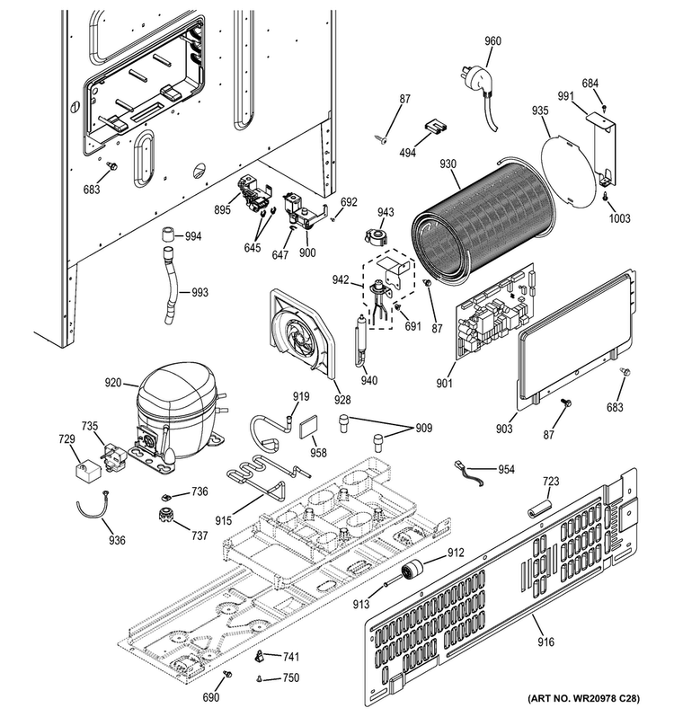 Machine Compartment Diagram and Parts List for DFE28JGHFBB  General Electric Refrigerator
