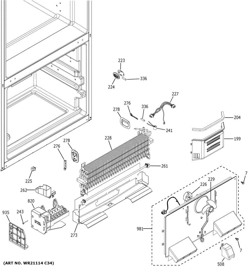 Freezer Section Diagram and Parts List for GNE25JGKJFBB  General Electric Refrigerator