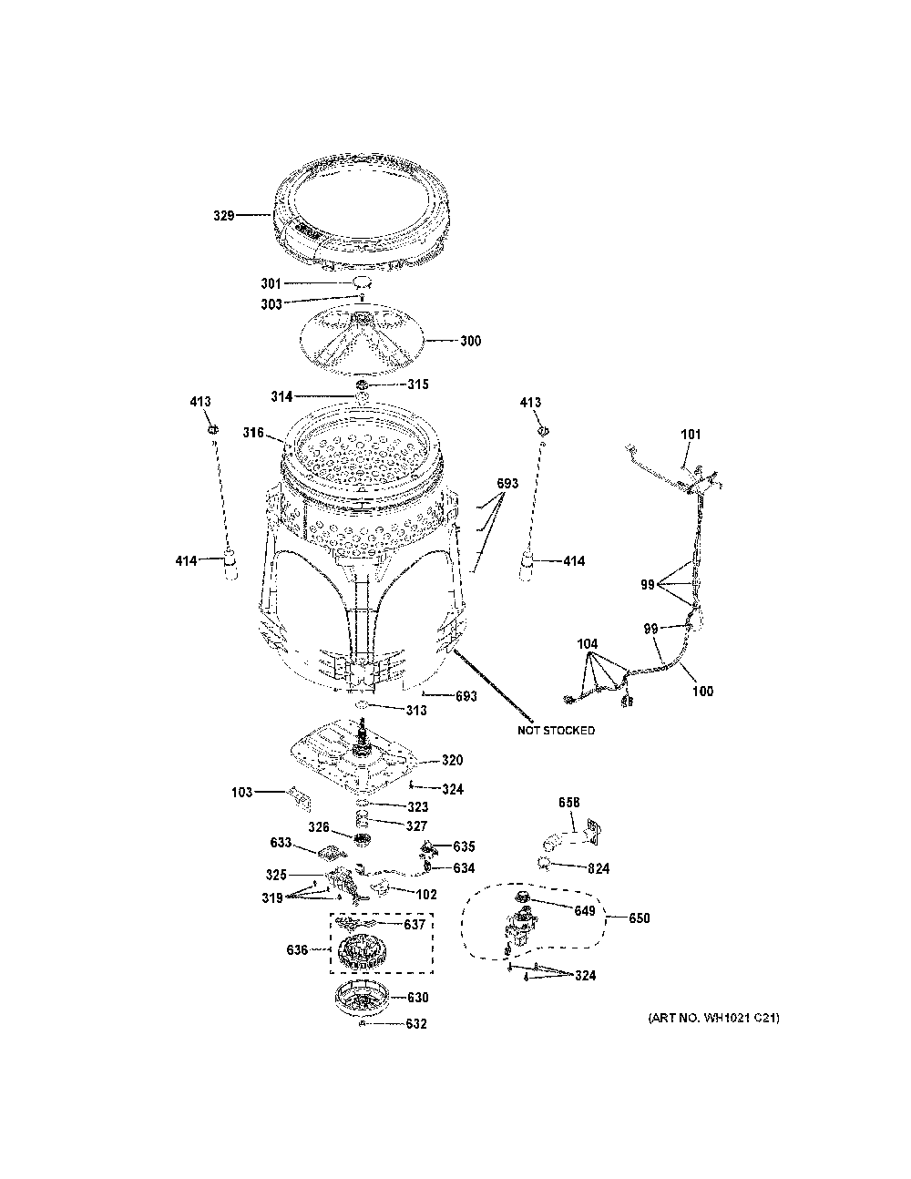 Tub And Motor Diagram and Parts List for PTW700BST0WS  General Electric Washer