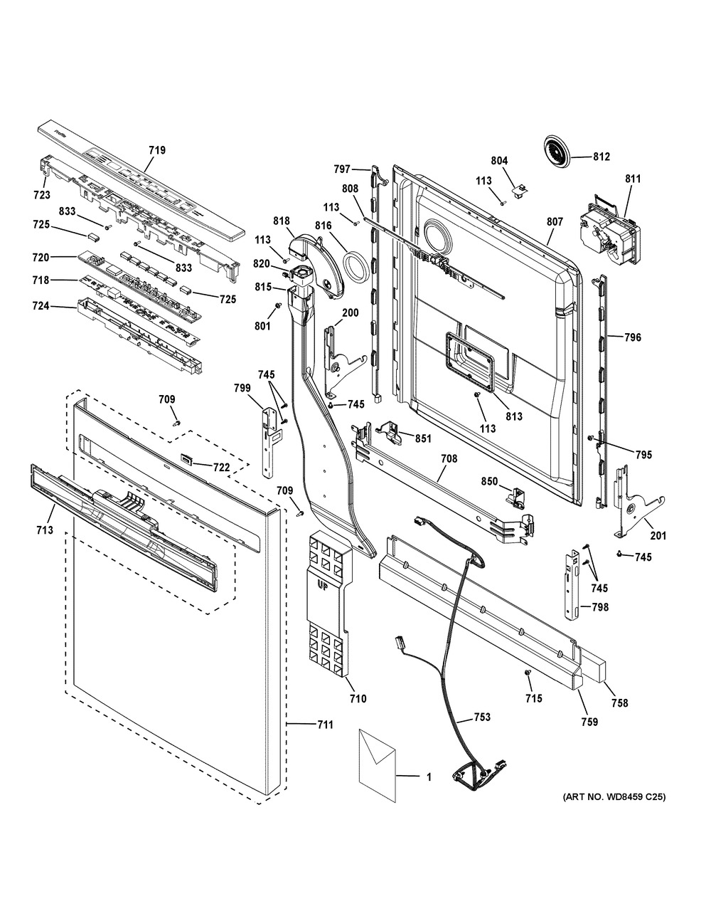 Escutcheon & Door Assembly Diagram and Parts List for GDP615HFM0DS  General Electric Dishwasher