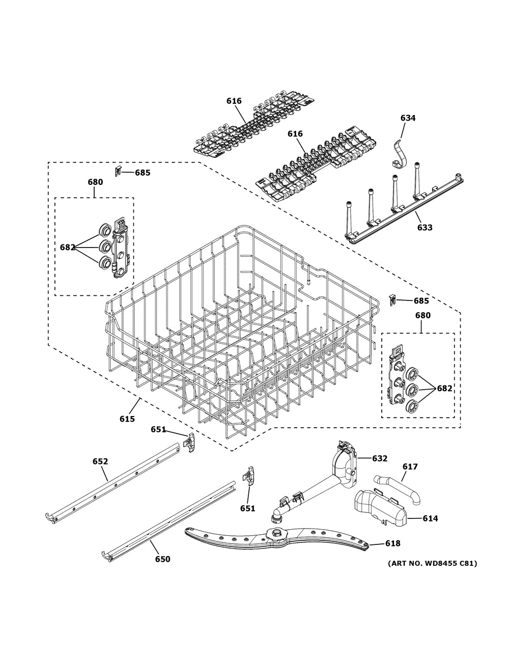 Upper Rack Assembly Diagram and Parts List for GDT605PSM4SS  General Electric Dishwasher