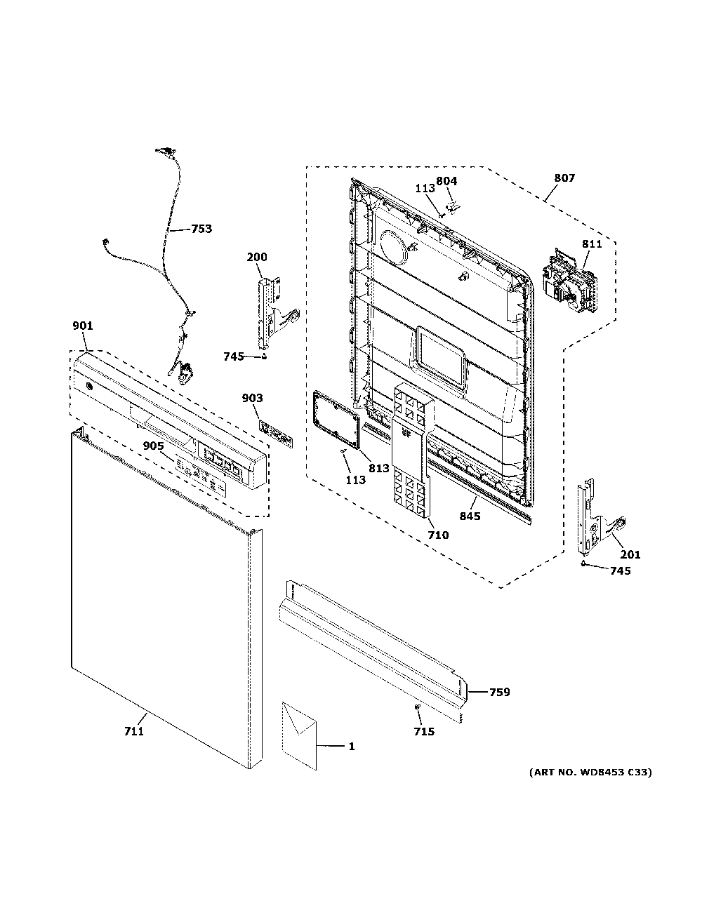 Escutcheon And Door Assembly Diagram and Parts List for GDF550PGR3BB  General Electric Dishwasher