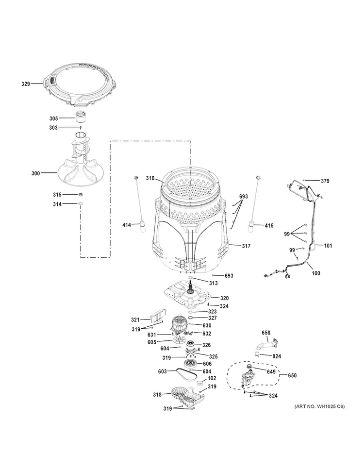Tub & Motor Diagram and Parts List for GTW330ASK0WW  General Electric Washer