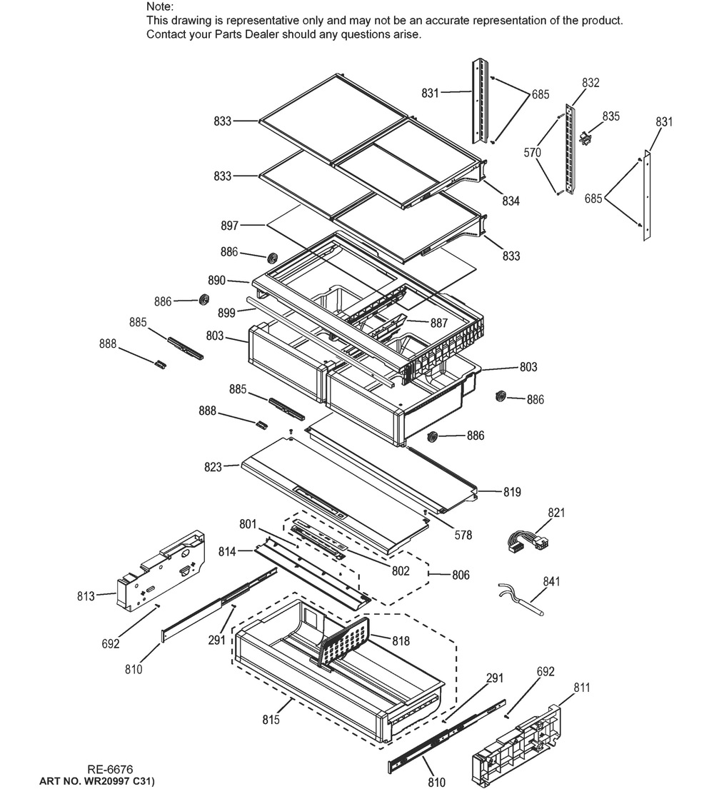 Fresh Food Shelves Diagram and Parts List for GSRC3KLZBFWW  General Electric Dishwasher