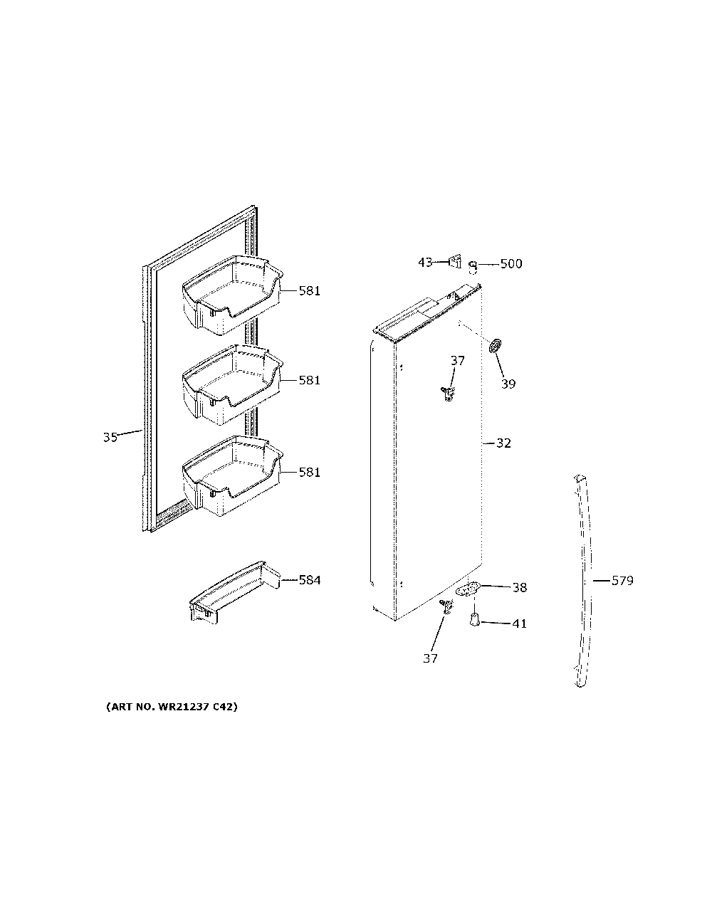 Fresh food door - rh Diagram and Parts List for GFE26JGMNFBB  General Electric Refrigerator