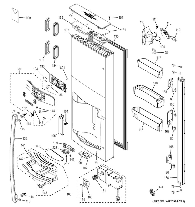 Dispenser Door Diagram and Parts List for PFE28RSHFSS  General Electric Refrigerator