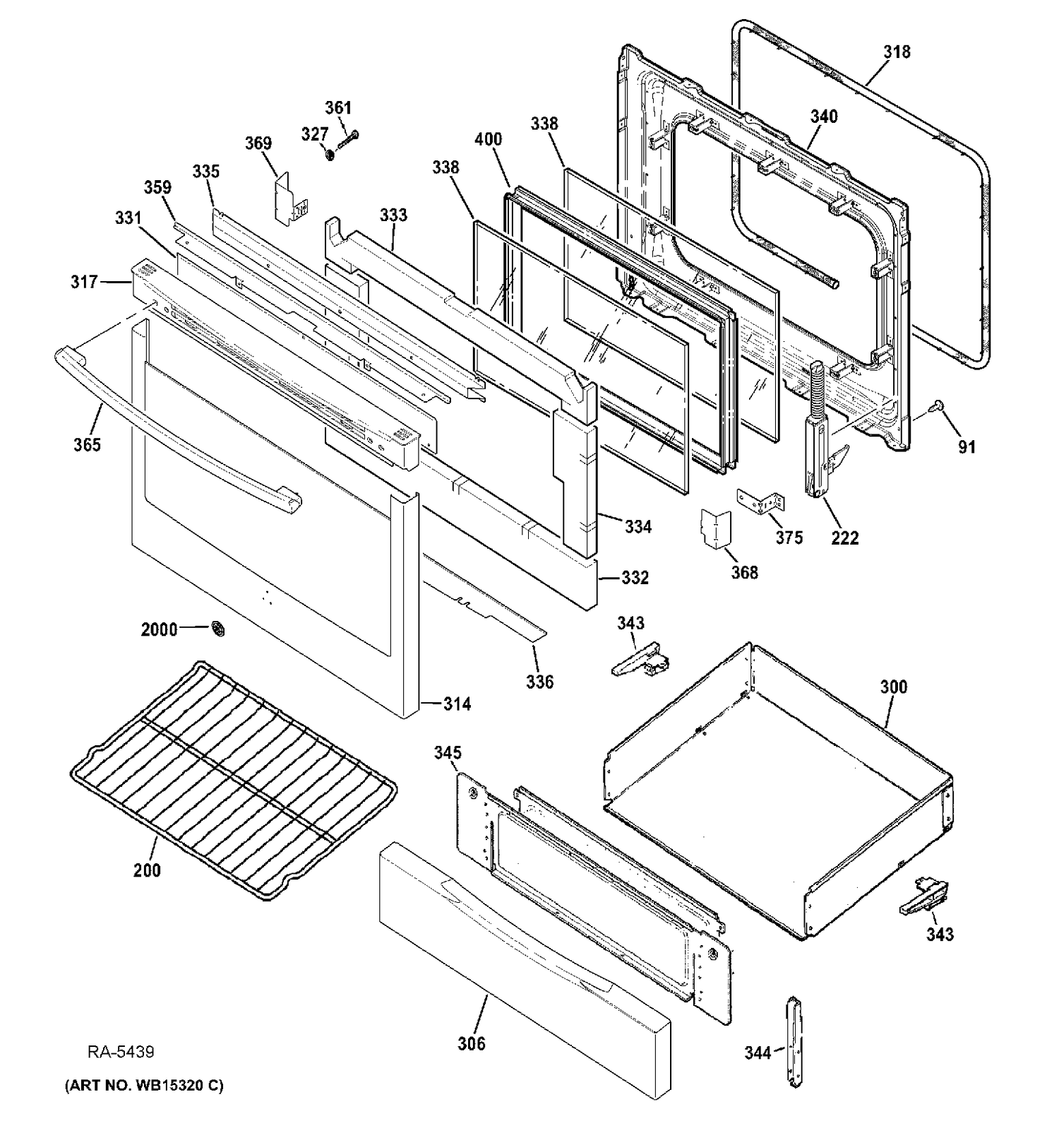 DOOR & DRAWER Diagram and Parts List for JCGB750SEF1SS  General Electric Range