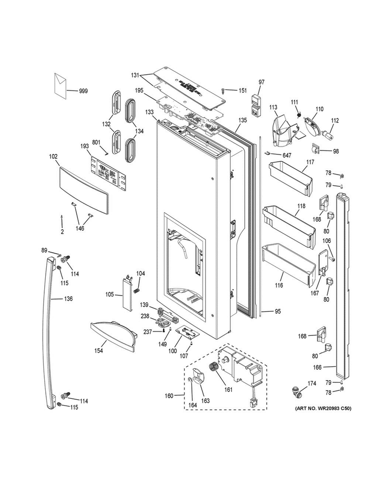 Dispenser Door Diagram and Parts List for GFE26GGKFBB  General Electric Refrigerator