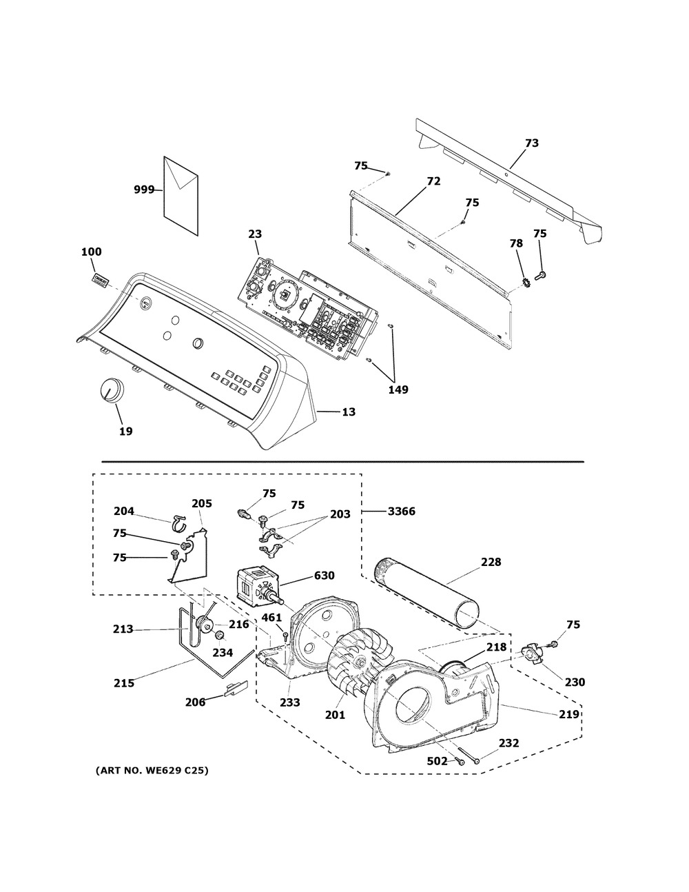 Backsplash, Blower And Motor Assembly Diagram and Parts List for YTD74E2PN1DG  General Electric Dryer