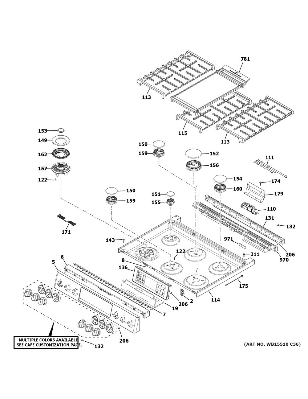 Control Panel & Cooktop Diagram and Parts List for CGS700P3M2D1  General Electric Range