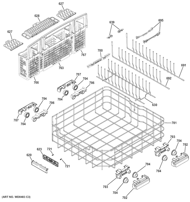 Lower Rack Assembly Diagram and Parts List for CDT765SSF7SS  General Electric Dishwasher