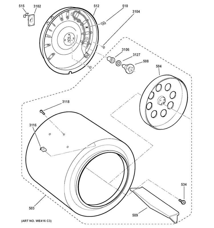 Drum Diagram and Parts List for DSKS333EC5WW  General Electric Dryer