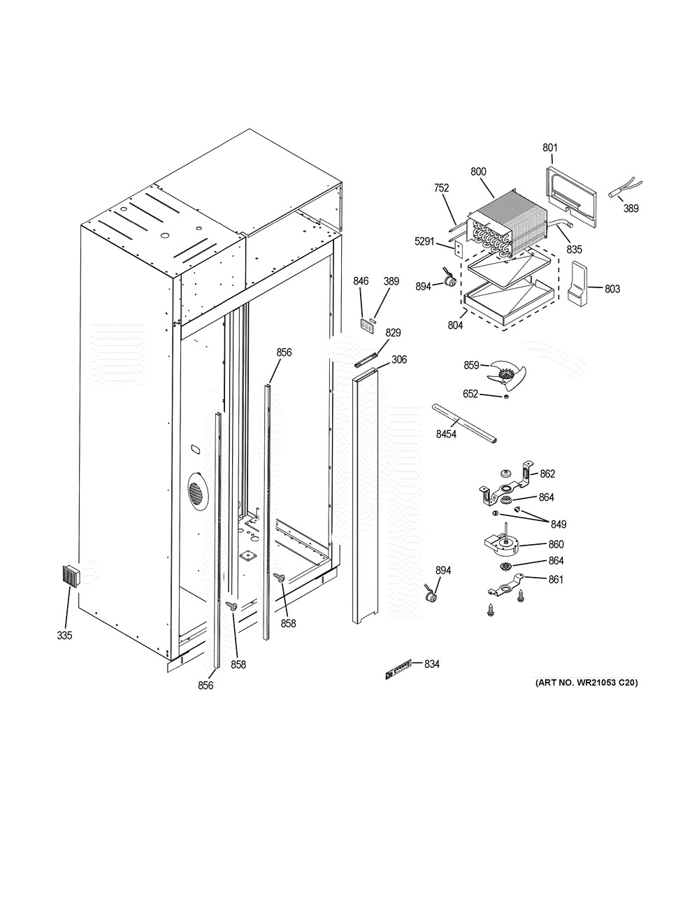 Freezer Section Diagram and Parts List for ZISB360DKC  General Electric Refrigerator