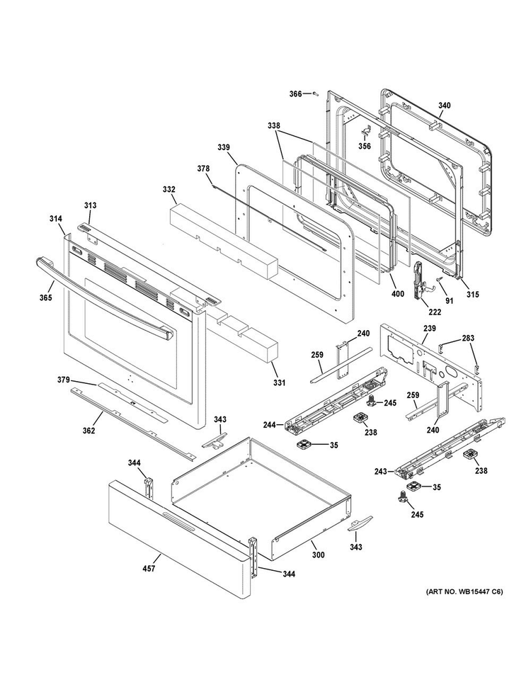 Door & Drawer Parts Diagram and Parts List for JGB660SEJ2SS  General Electric Range