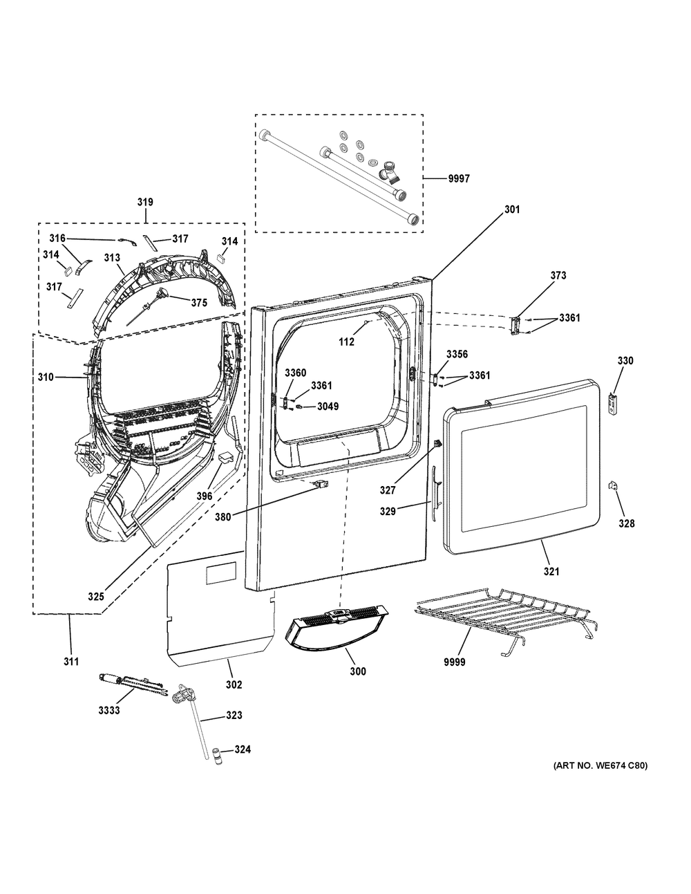 Front Panel And Door Diagram and Parts List for PTD70EBST1WS  General Electric Dryer