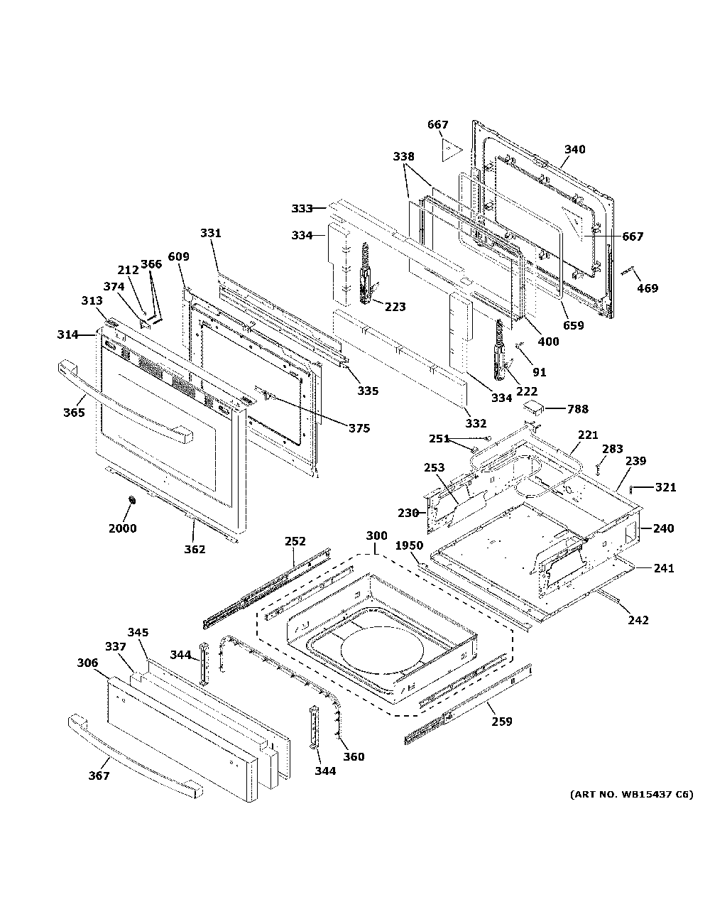 Door & drawer parts Diagram and Parts List for P2B940SEJ8SS  General Electric Range