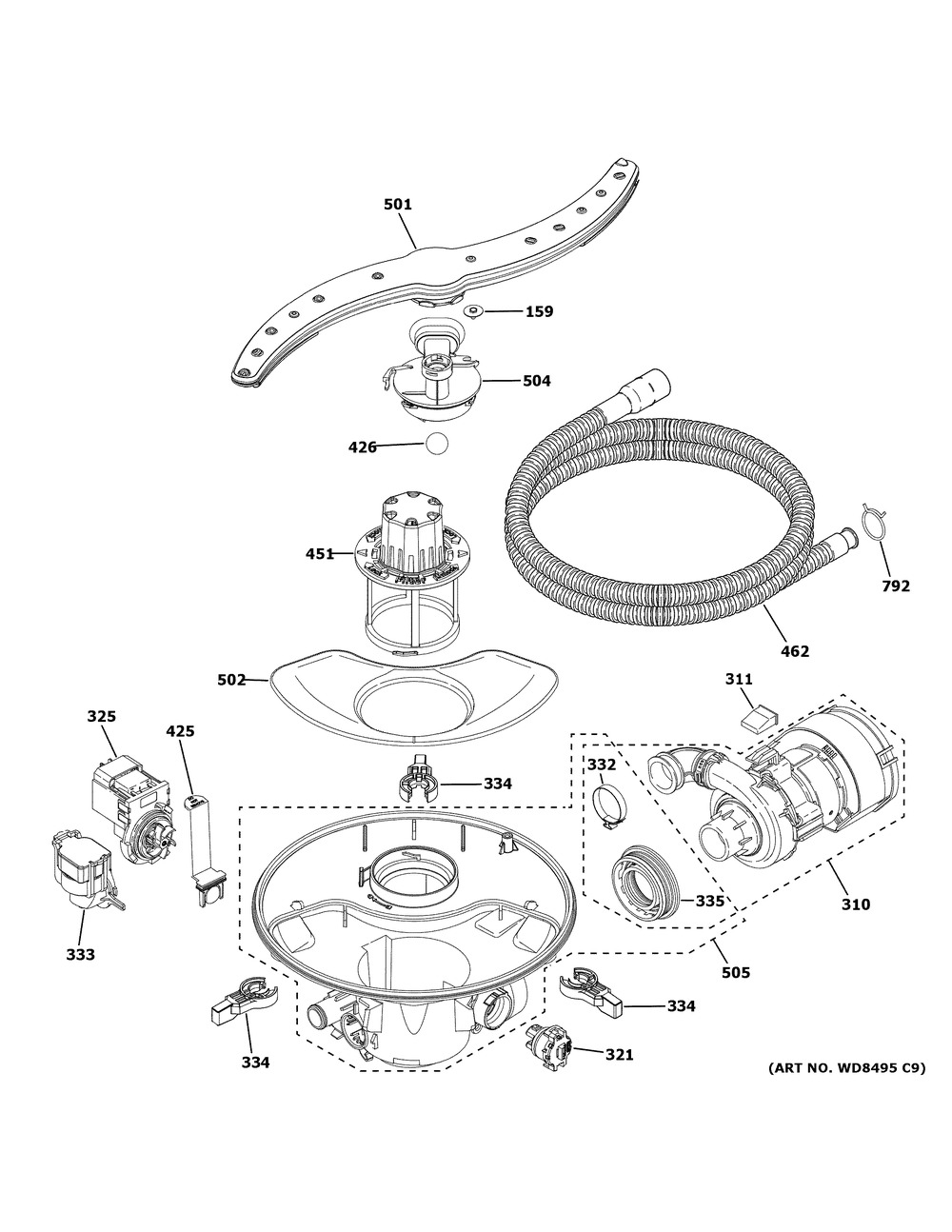 Motor, Sump And Filter Assembly Diagram and Parts List for XDT500PSP4SS  General Electric Dishwasher