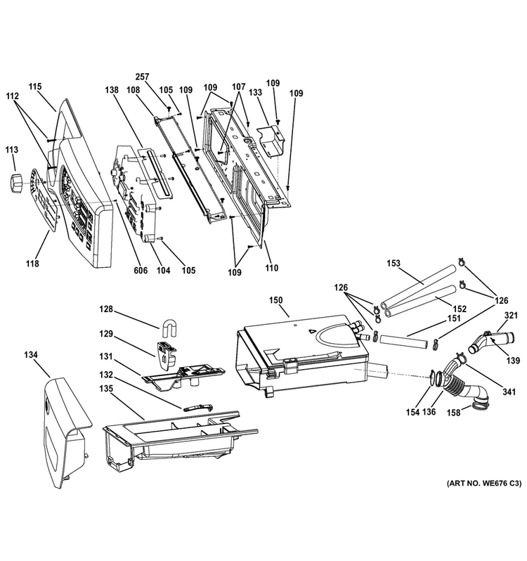 Controls & Dispenser Diagram and Parts List for GFWN1200D1WW  General Electric Washer