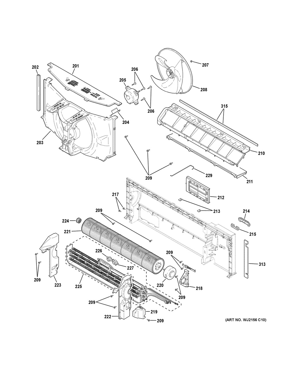 Motor & Chassis Parts Diagram and Parts List for AZ45E07DAPW2  General Electric Air Conditioner