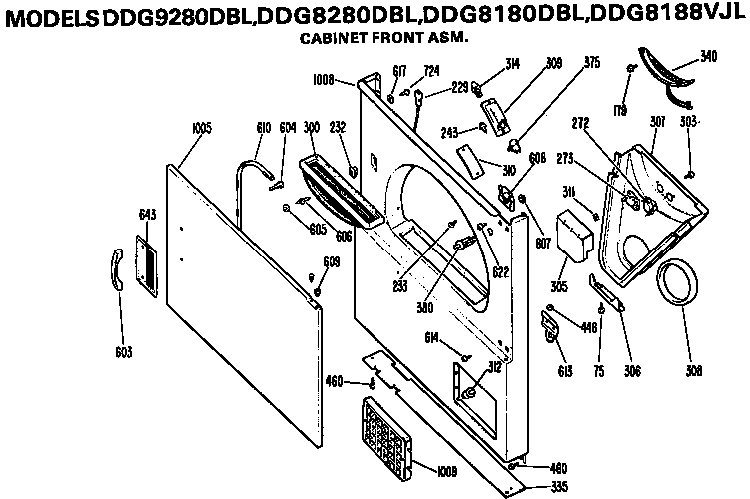 Cabinet Front Diagram and Parts List for DDG8180DBL  General Electric Dryer