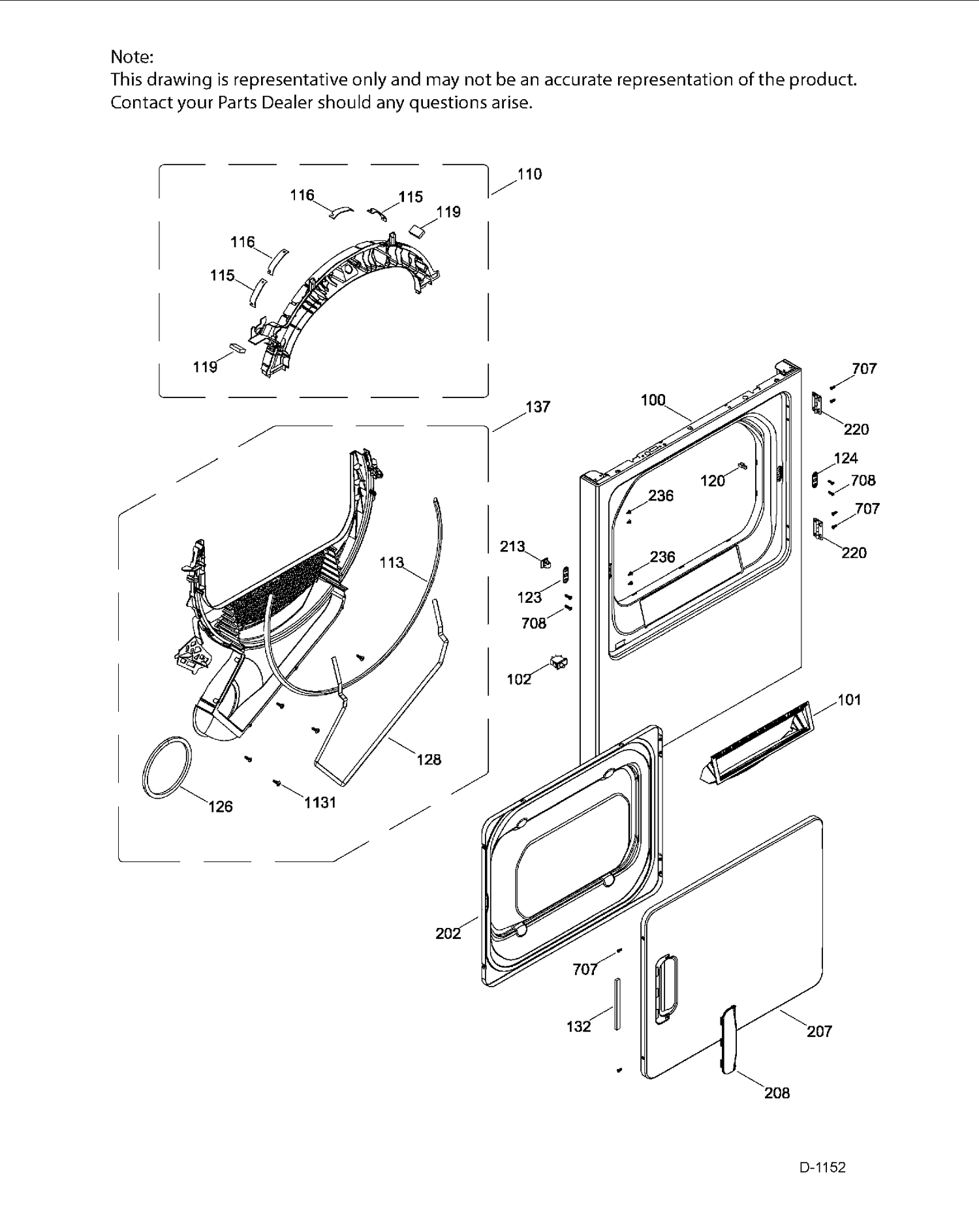 FRONT PANEL AND DOOR Diagram and Parts List for MTMX050EF5WW  General Electric Dryer