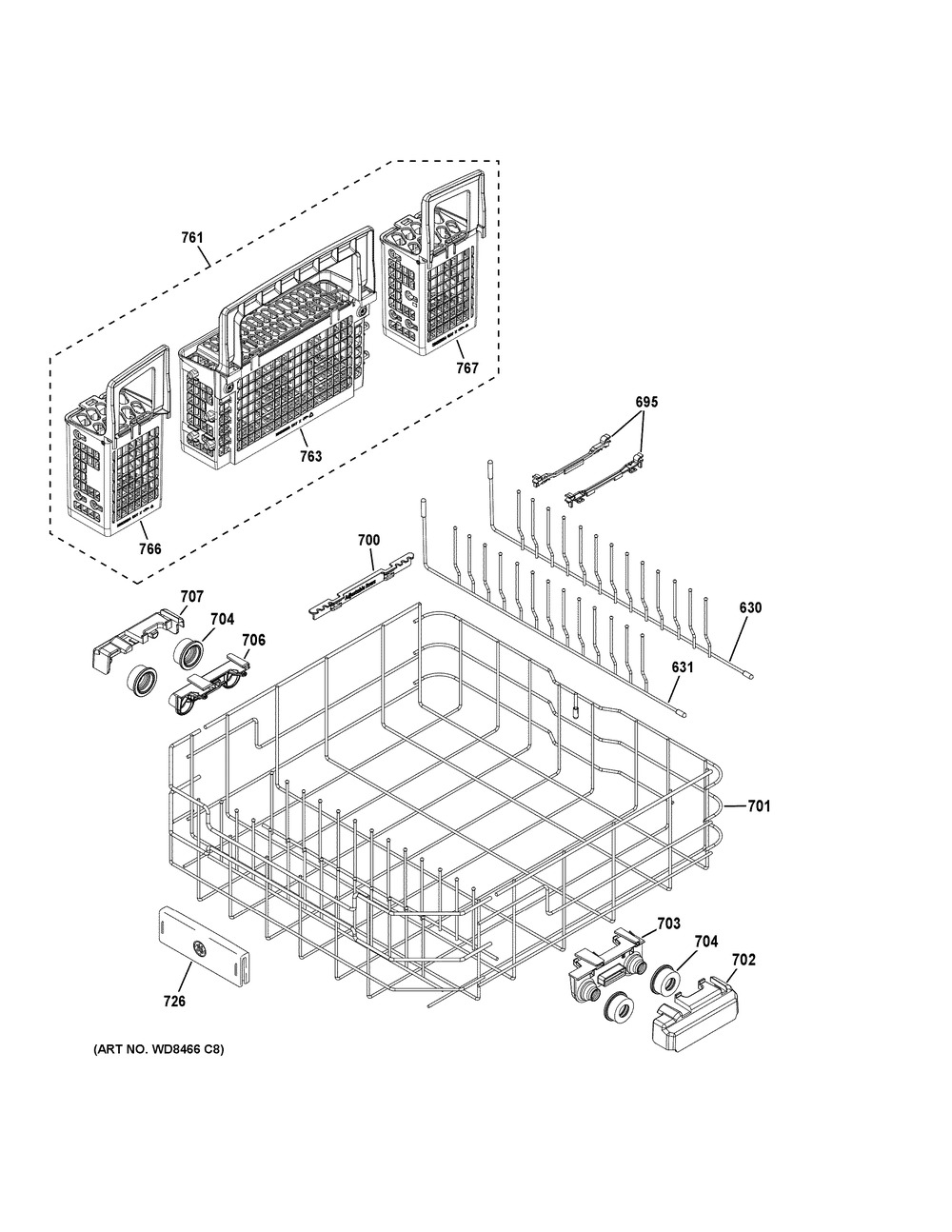 Lower Rack Assembly Diagram and Parts List for DDT595SGJ4BB  General Electric Dishwasher