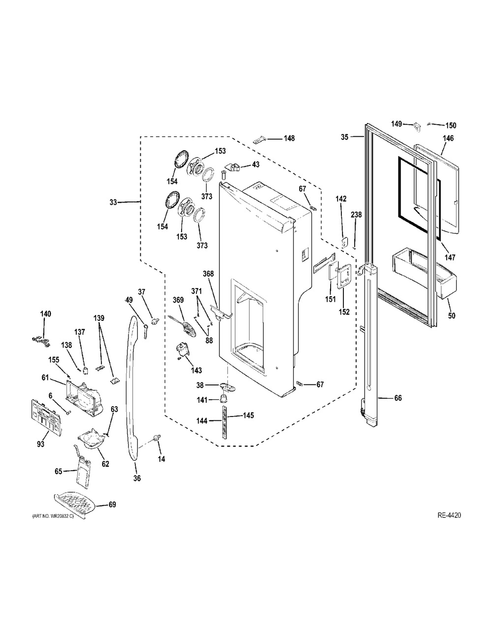 Disp Door Diagram and Parts List for PFE29PSDSS  General Electric Refrigerator