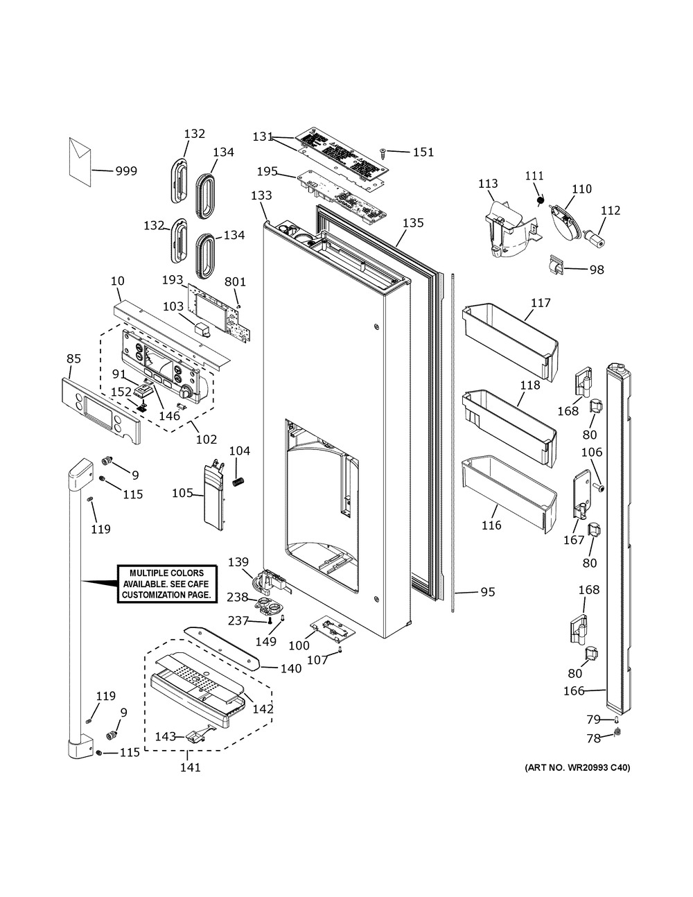 Dispenser Door Diagram and Parts List for CYE22TP2MLS1  General Electric Refrigerator