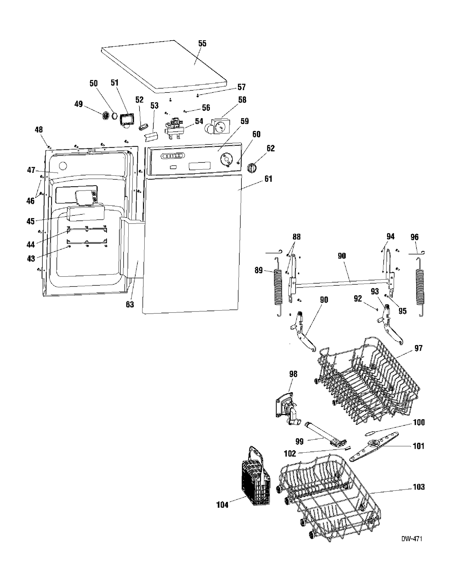 DOOR & RACKS Diagram and Parts List for GSC1807P00WW  General Electric Dishwasher