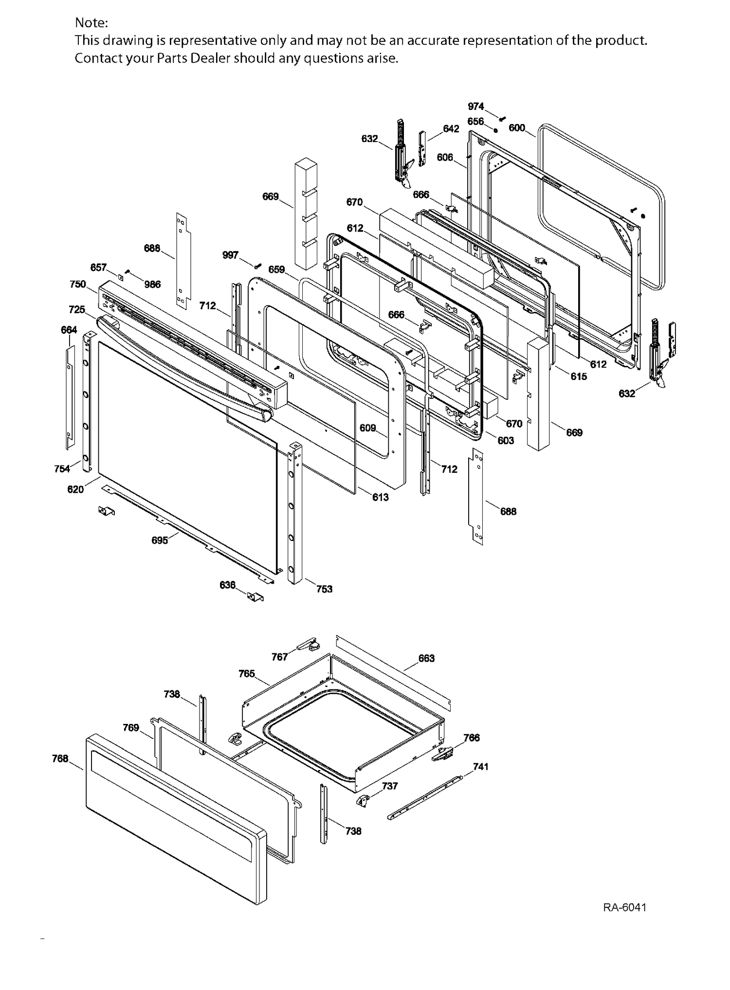 DOOR & DRAWER Diagram and Parts List for JCB560DJ1WW  General Electric Range