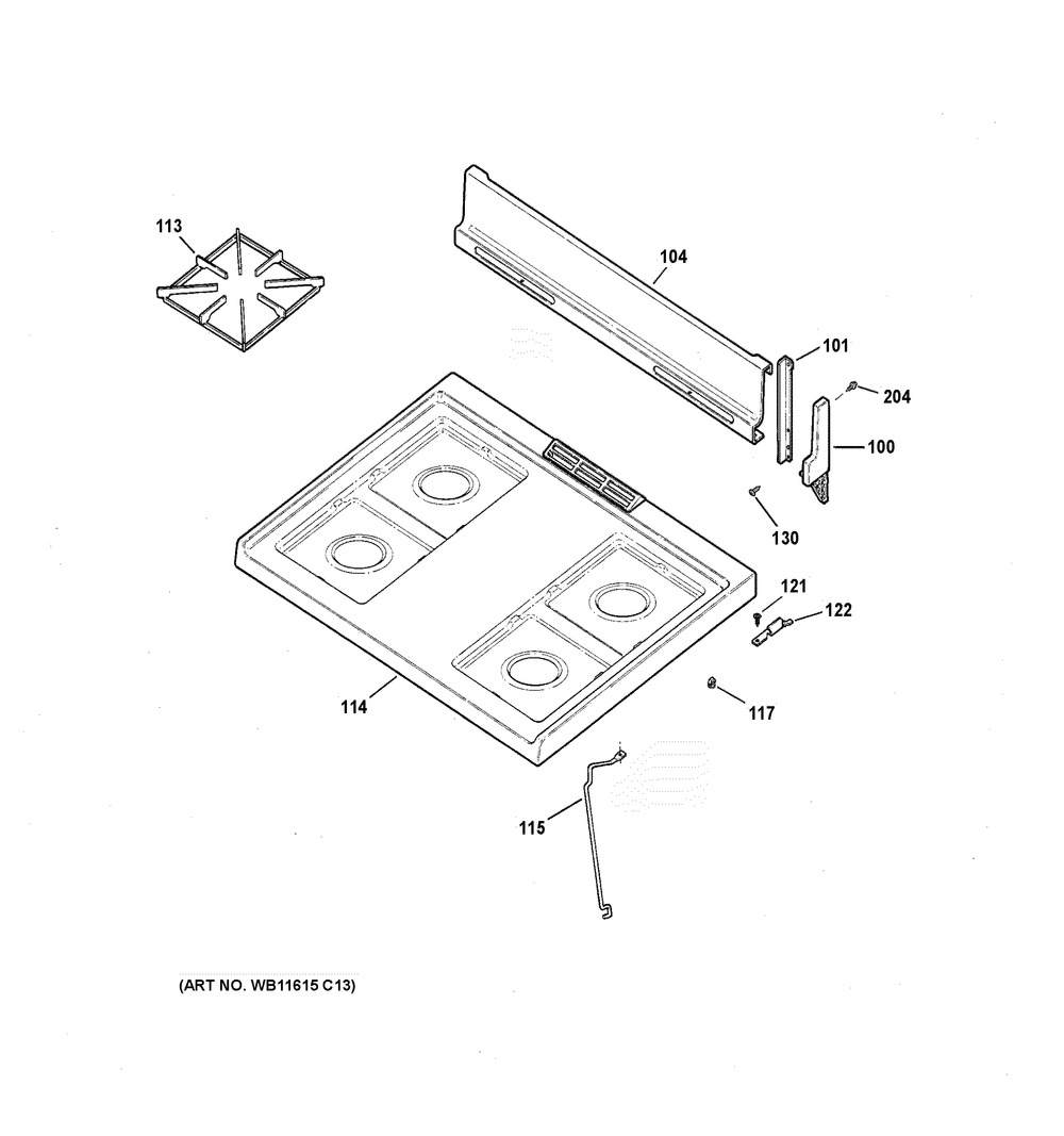Cooktop Diagram and Parts List for RGBS100DM2WW  General Electric Range