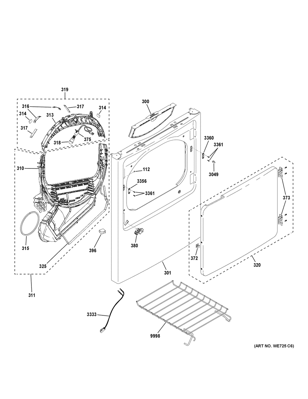 Front Panel And Door Diagram and Parts List for GTD48EASW0WB  General Electric Dryer