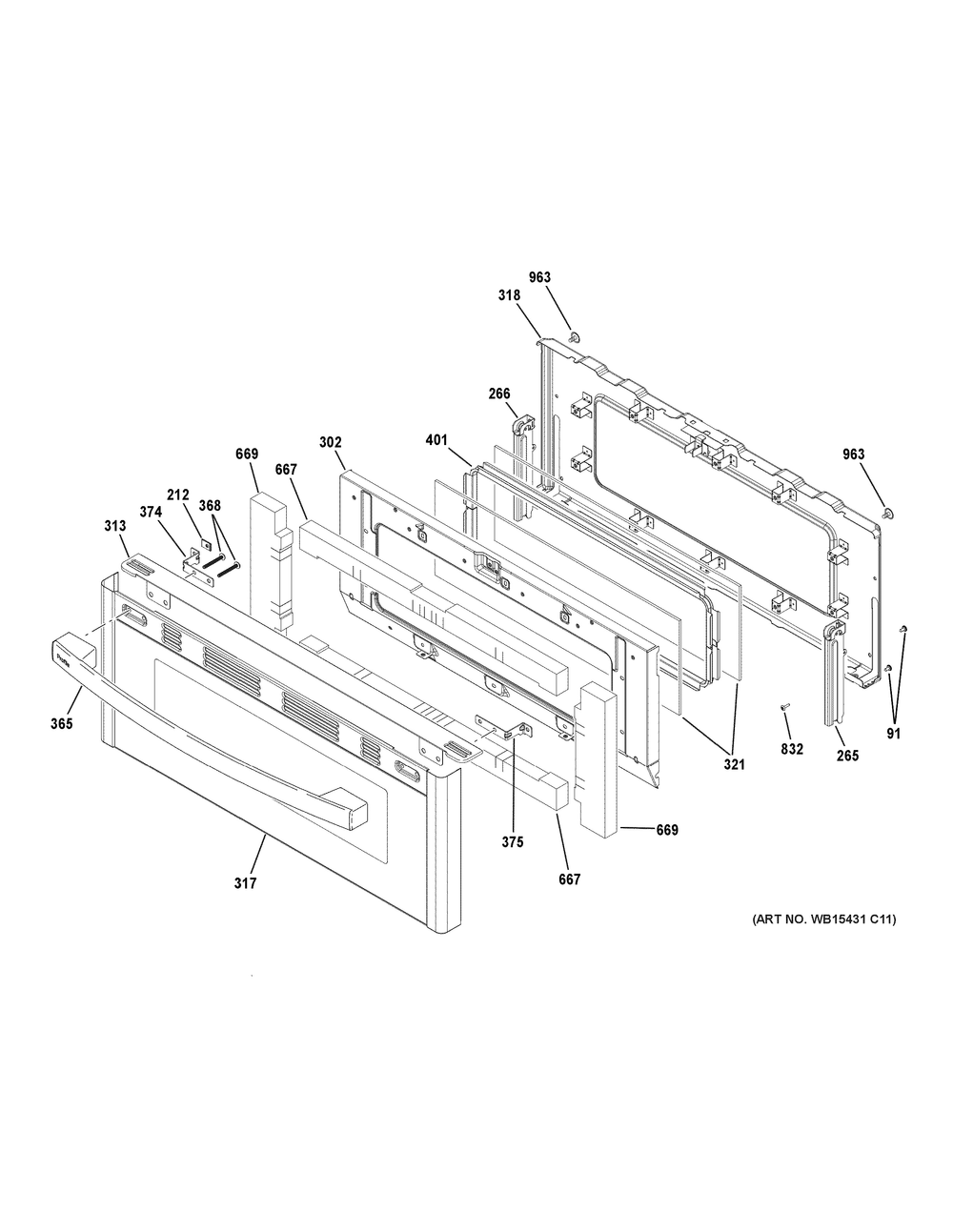 Upper Door Diagram and Parts List for PGB965BP3TS  General Electric Range
