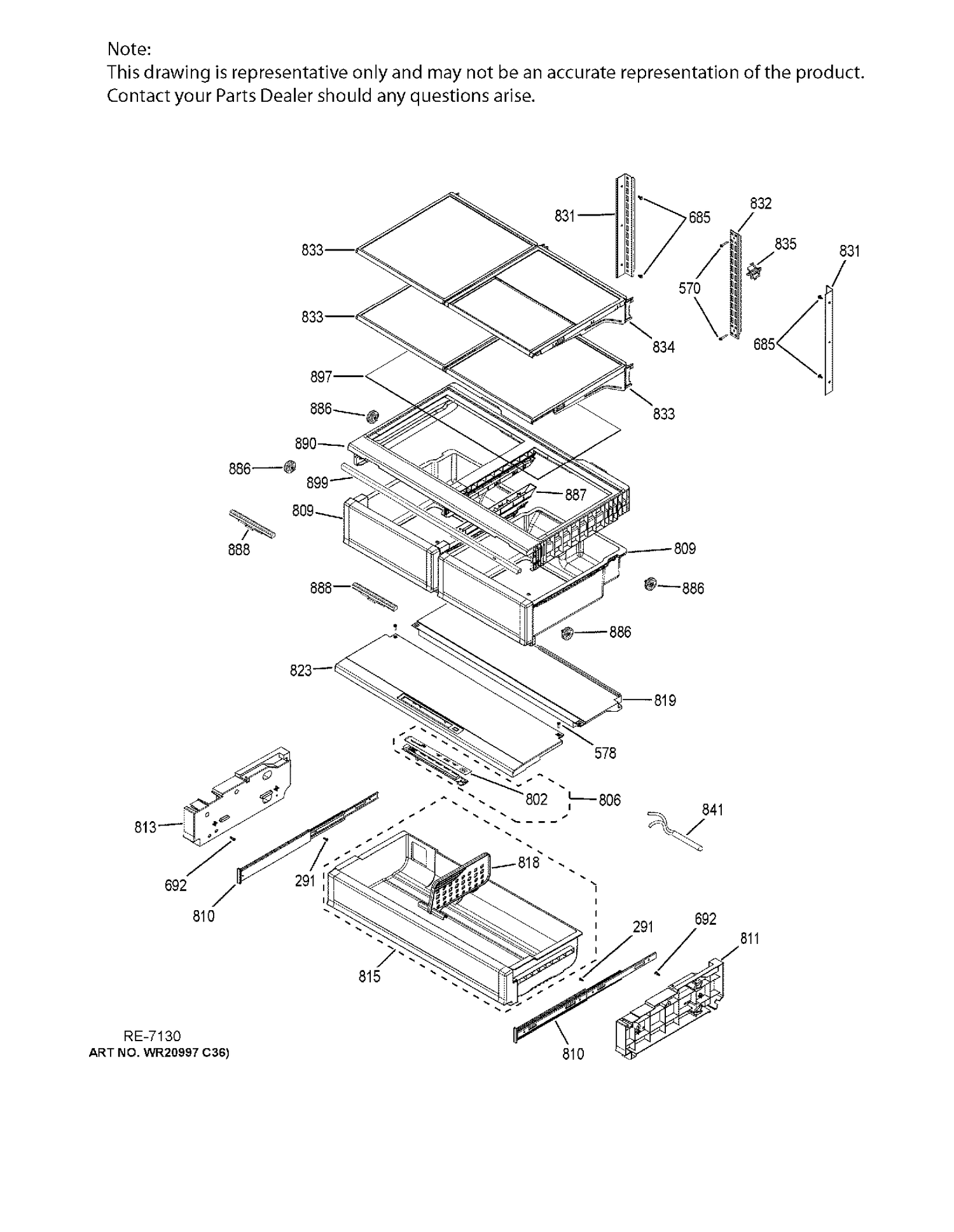 FF SHELVES Diagram and Parts List for PWE23KMKFES  General Electric Refrigerator