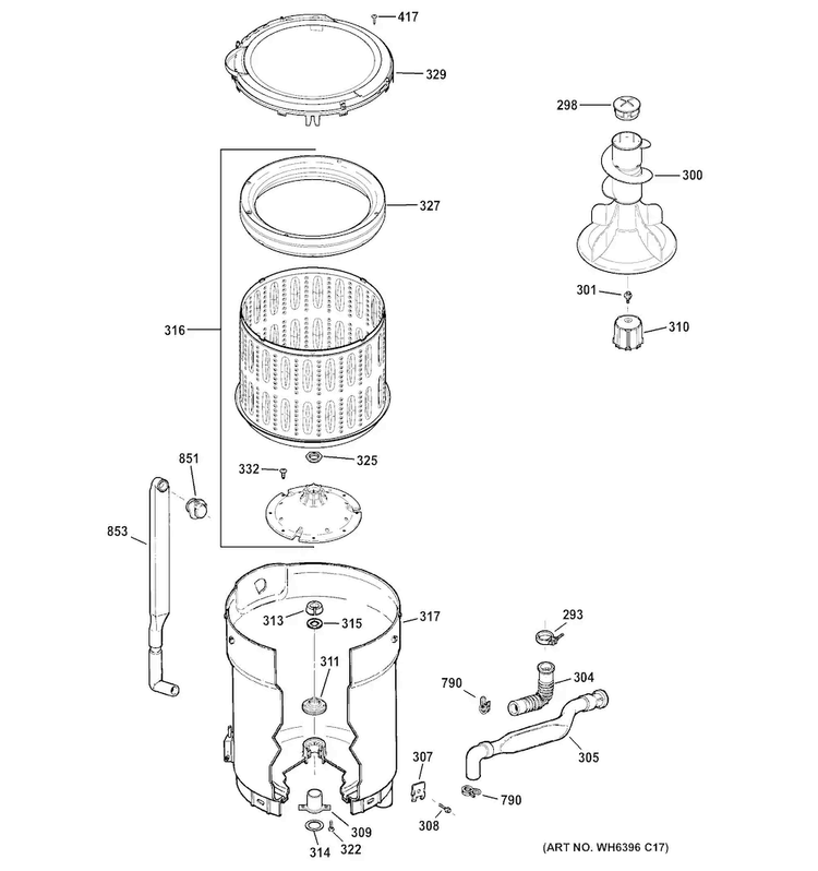 Tub, Basket & Agitator Diagram and Parts List for GTW180SSJ0WW  General Electric Washer