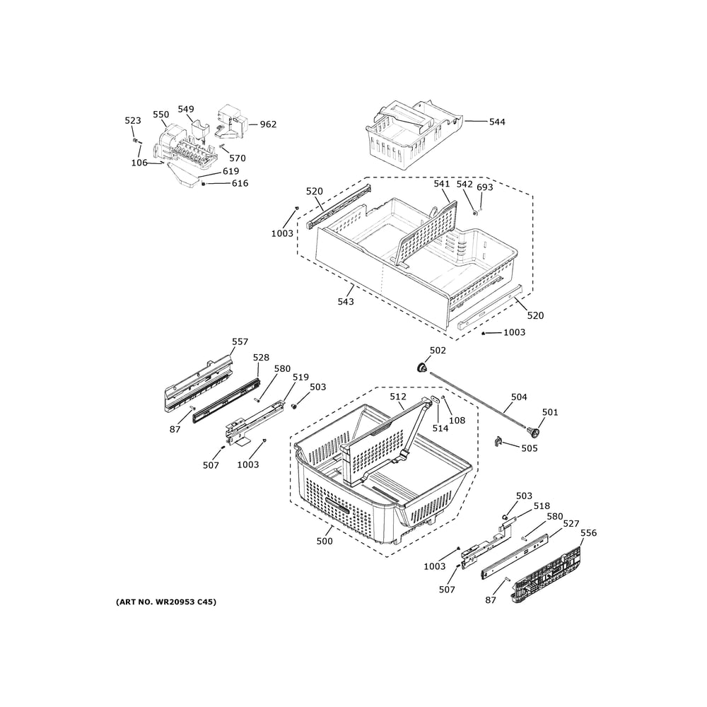 Freezer Shelves Diagram and Parts List for ZWE23NSYBSS  General Electric Refrigerator