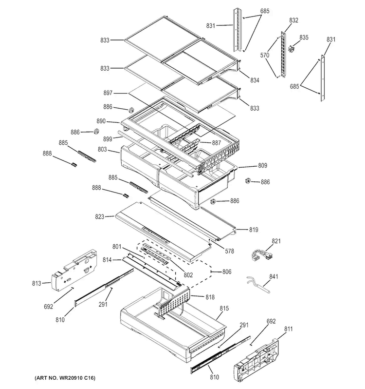 Fresh Food Shelves Diagram and Parts List for PFE28RSHBSS  General Electric Refrigerator