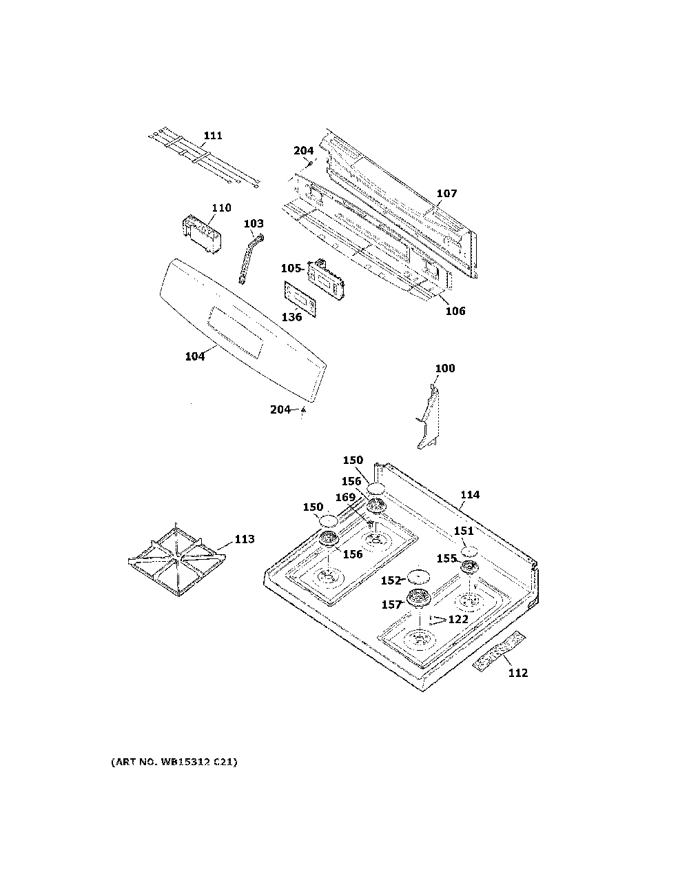 Control Panel And Cooktop Diagram and Parts List for JGBS60DEK7BB  General Electric Range