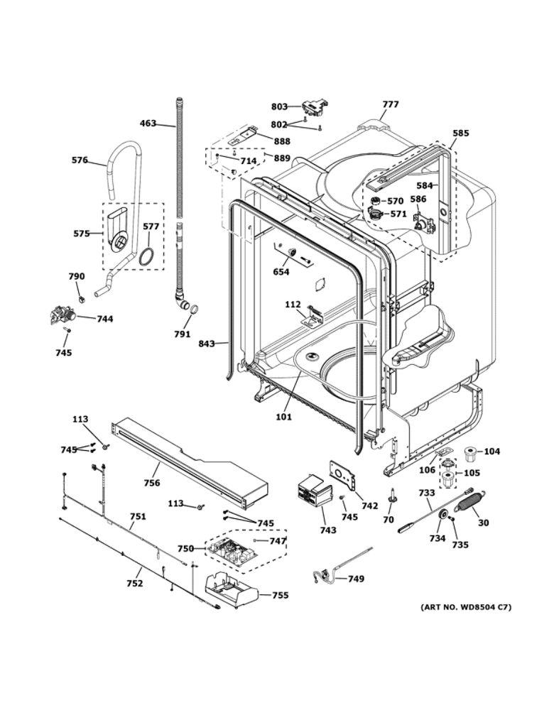 Body Parts Diagram and Parts List for GDT530PGP5WW  General Electric Dishwasher