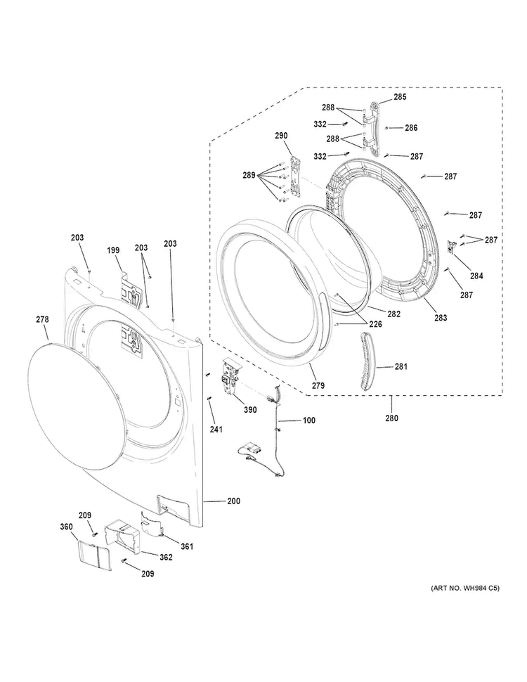 Front Panel & Door Diagram and Parts List for GFW480SPK0RR  General Electric Washer