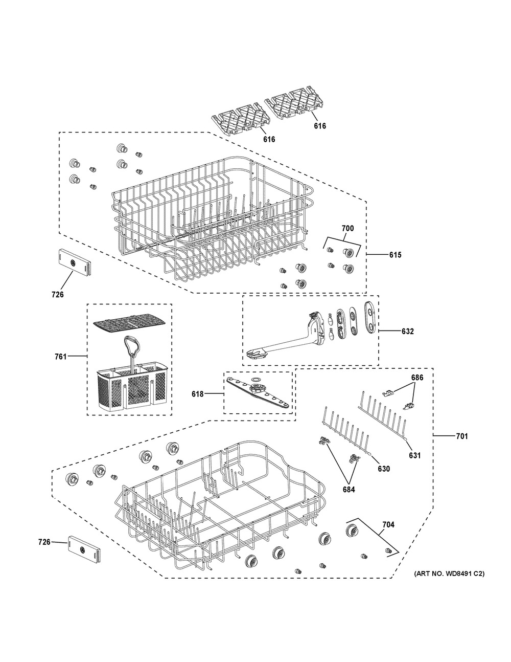 Rack Assemblies Diagram and Parts List for PDT145SGL0WW  General Electric Dishwasher