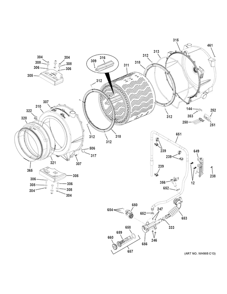 Tub & Motor Diagram and Parts List for GFW490RSK0WW  General Electric Washer