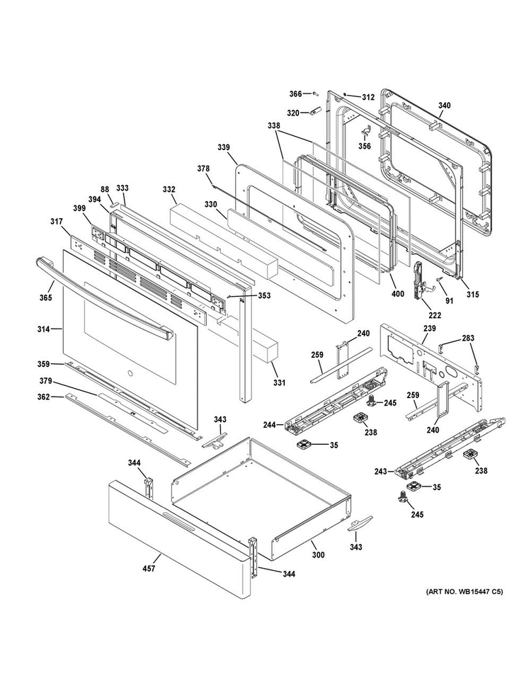 Door & Drawer Parts Diagram and Parts List for JGB660DEJ2BB  General Electric Range